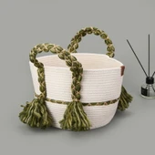 Living Green Culture Dekoratif Sepet - Krem / Yeşil - 25x21 cm thumbnail 2