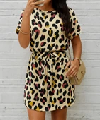 Kadın Kısa Kollu Yuvarlak Yaka Beli Kuşaklı Geometrik Desenli Süprem Elbise thumbnail 2