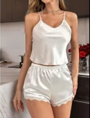 AmoraSecret AmoraSecret Beyaz Dantel İşlemeli İnce Askılı Saten Şortlu Takım - 2