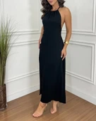 Kadın Boyundan Askılı Halter Kollu Viskon Elbise thumbnail 2