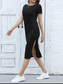 Kadın Kısa Kollu Yanı Yırtmaçlı Bisiklet Yaka Dizde Viskon Elbise thumbnail 5