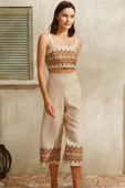 AmoraSecret Kalın Askılı Oyuk U Yaka Geometrik Yazlık Uzun Nakış Detaylı Pijama Takımı - 1