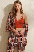AmoraSecret AmoraSecret Dokuma Viskon Geometrik Baskılı Sabahlık Balensiz Desteksiz Dolgusuz Yaka Detaylı Dantelli Büsti - 1