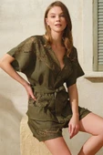 AmoraSecret AmoraSecret Kısa Yarım Kollu V Yaka Kadın Viskon Düz Yazlık Mini Dantel Detaylı Pijama Takımı - 1
