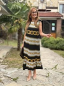 Kadın Omuzlardan Büzgülü Kayık Yaka Fırfırlı Janjan Krep Elbise thumbnail 1