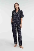AmoraSecret AmoraSecret Yarım Kollu V Yaka Kadın Viskon Çiçek Desenli Yazlık Dokuma Dantel Detaylı Pijama Takımı - 1