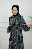 Kadın Tesettür Elbise Desenli & Kuşaklı Elbise - 6