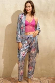 AmoraSecret AmoraSecret Saten Çiçek Baskılı Sabahlık Balensiz Desteksiz Dolgusuz Dantelli Bralet Sütyen ve Pantolon Pija - 1