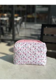 Minik Pembe Çiçek Desenli Makyaj Çantası - Büyük Boy. - 4