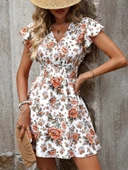 Kadın Kısa Kollu Kruvaze Yakalı çiçek Desenli Süprem Elbise thumbnail 1