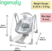 Ingenuity ConvertMe 2'si 1 Arada Kompakt Taşınabilir Otomatik Bebek Salıncağı ve Bebek Koltuğu, Pil Tasarrufu Sağlayan T - 2