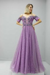 1060 Lavanta İp askılı Düşük Kollu Taş İşlemeli Abiye - 1