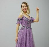 1060 Lavanta İp askılı Düşük Kollu Taş İşlemeli Abiye - 3