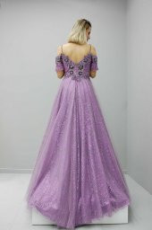 1060 Lavanta İp askılı Düşük Kollu Taş İşlemeli Abiye - 4