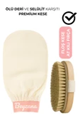 2’li Set Ekru Banyo Duş Kesesi Peeling Eldiveni %100 Floş Ipek & Doğal At Kılı Selülit Fırçası - 1