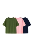 Besic 3'Lü  Kız Çocuk T-Shirt ( Pembe - Haki - Lacivert ) - 1