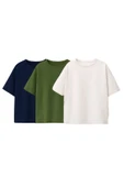 Besic 3'Lü Unisex Çocuk T-Shirt ( Beyaz - Haki - Lacivert  ) thumbnail 1