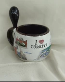 Bardak Kupa Seramik Kulplu Kaşıklı 100 ml Yöresel Meşrubat Su Kahve Bardağı Antalya Görselli - 8