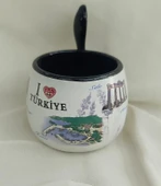 Bardak Kupa Seramik Kulplu Kaşıklı 100 ml Yöresel Meşrubat Su Kahve Bardağı Antalya Görselli - 9