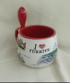 Bardak Kupa Seramik Kulplu Kaşıklı 100 ml Yöresel Meşrubat Su Kahve Bardağı Antalya Görselli - 4