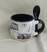 Bardak Kupa Seramik Kulplu Kaşıklı 100 ml Yöresel Meşrubat Su Kahve Bardağı Antalya Görselli - 1