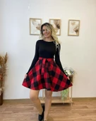 Kadın Uzun Kollu Bisiklet Yaka üst Viskon Alt Ekose Kısa Elbise thumbnail 3