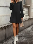 Kadın Uzun Kollu V Yakalı Salaş Ithal Krep Elbise thumbnail 4