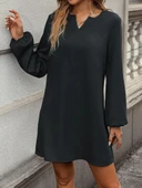 Kadın Uzun Kollu V Yakalı Salaş Ithal Krep Elbise thumbnail 1