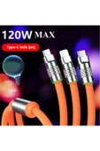 6A 120W 3 in 1 Usb to Type-C + Micro Usb + Lightning Hızlı Şarj Kablosu Silikon Kablo 1 Metre - 12