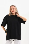 Unisex Bisiklet Yaka 20/1 Düz Oversize T-Shirt - Siyah thumbnail 1