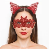 Ateş Kırmızısı Dantel Taç Ve Maske Seti 10 No - Maskeli Balo  Özel Gün Seti thumbnail 1