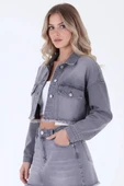 Kadın Koyu Gri Astar Detaylı Saçaklı Uzun Kol Crop Kısa Kot Ceket 25KCKT6016 - 3