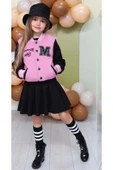Kız Çocuk Düğme Detaylı Pamuklu Pembe Kolej Ceket Kadife Etekli Takım thumbnail 4