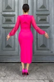 İnci Süsleme Detaylı Yırtmaçlı Abiye Elbise 2223-Fuşya thumbnail 6