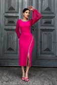 İnci Süsleme Detaylı Yırtmaçlı Abiye Elbise 2223-Fuşya thumbnail 2