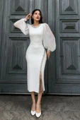 İnci Süsleme Detaylı Yırtmaçlı Abiye Elbise 2223-Beyaz thumbnail 3