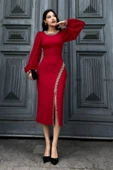 İnci Süsleme Detaylı Yırtmaçlı Abiye Elbise 2223-Kırmızı thumbnail 2