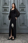 Kalp Yaka İnci ve Zincir Süslemeli Kemerli Abiye Elbise 2238-Siyah thumbnail 3