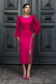 İnci Süsleme Detaylı Yırtmaçlı Abiye Elbise 2223-Fuşya thumbnail 3
