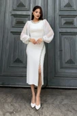 İnci Süsleme Detaylı Yırtmaçlı Abiye Elbise 2223-Beyaz thumbnail 2