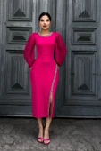 İnci Süsleme Detaylı Yırtmaçlı Abiye Elbise 2223-Fuşya thumbnail 4