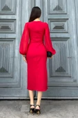 İnci Süsleme Detaylı Yırtmaçlı Abiye Elbise 2223-Kırmızı thumbnail 6