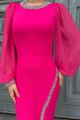 İnci Süsleme Detaylı Yırtmaçlı Abiye Elbise 2223-Fuşya thumbnail 5