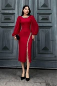 İnci Süsleme Detaylı Yırtmaçlı Abiye Elbise 2223-Kırmızı thumbnail 3