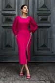 İnci Süsleme Detaylı Yırtmaçlı Abiye Elbise 2223-Fuşya thumbnail 1