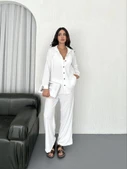 Yakalı Düğmeli Uzun Kollu Gömlek Pantolon Ikili Takım - Beyaz - 2