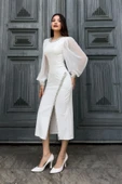 İnci Süsleme Detaylı Yırtmaçlı Abiye Elbise 2223-Beyaz thumbnail 4