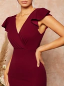 Kadın Kısa Kelebek Kollu Kruvaze Yaka Ithal Krep Midi Elbise thumbnail 5