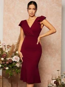 Kadın Kısa Kelebek Kollu Kruvaze Yaka Ithal Krep Midi Elbise thumbnail 2