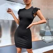 Kadın Omzu Volanlı Bisiklet Yaka Kaşkorse Mini Elbise thumbnail 1